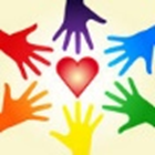 Hands in the colors of the rainbow reaching towards a red heart