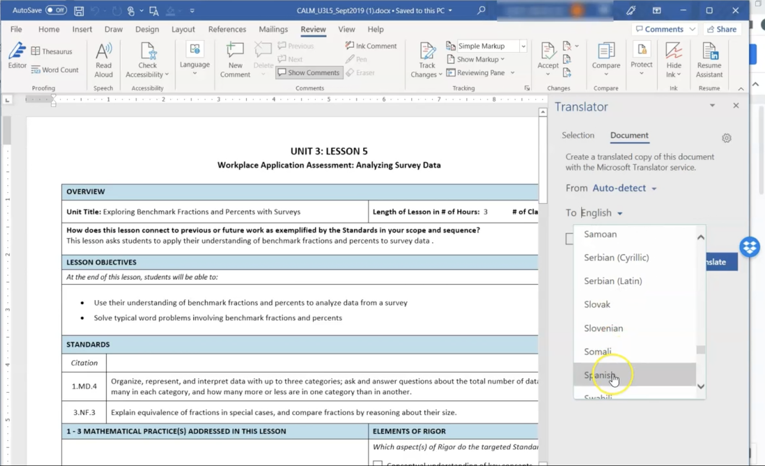 screenshot of translate feature in Word