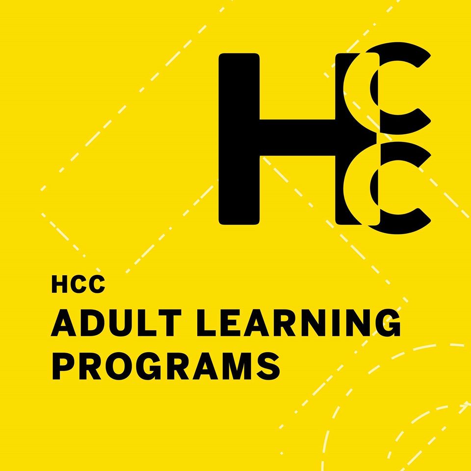 HCC Adult Learning Programs black text on yellow background