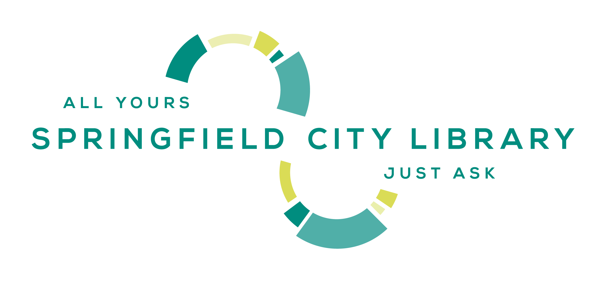Springfield City Library logo in green, white, and yellow. There is a curving upside down S similar to an infinity sign. The text says Springfield City Library: All Yours, Just Ask