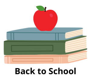 Stack of books with an apple on top and the text "back to school"