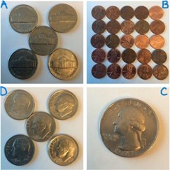 WODB Exercise: Images of coins arranged in four quadrants labeled A-D. Quadrant A contains 5 nickels; B: 25 pennies; C: 5 dimes; D: 1 quarter