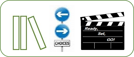 ELA books logo plus Choices signpost plus movie clapboard "Ready, Set, Go!"