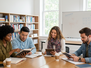 Four adult students talking around a table with notebooks in front of them 