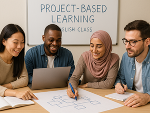 Four adult students around a table, one writing on a large piece of paper and the others looking at the paper