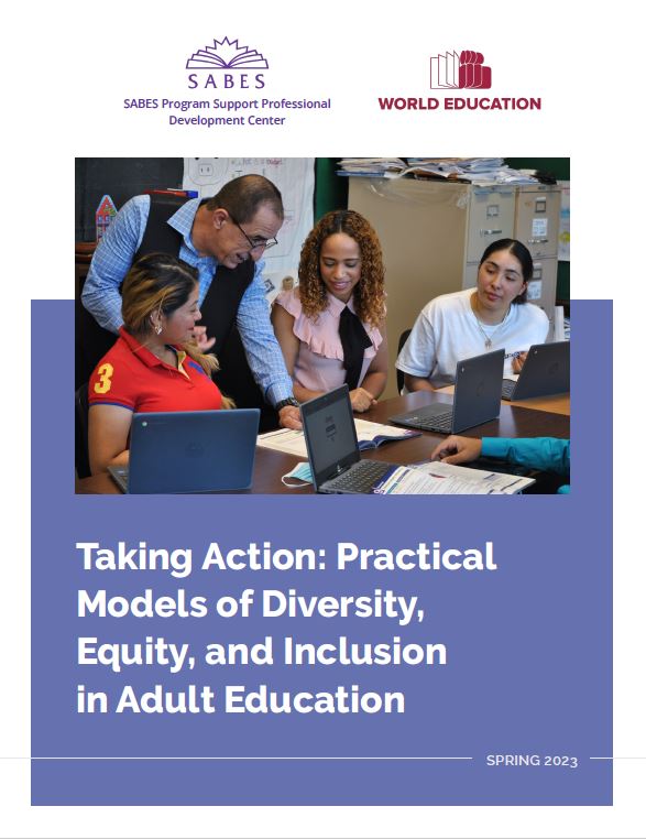Cover of "Taking Action: Practical Models of Diversity, Equity, and Inclusion in Adult Education" featuring four adults gathered at a table looking at a textbook, looking happy and engaged.