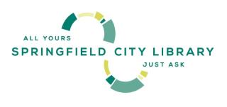 Logo in greens and yellows looping around the text Springfield City Library All Yours, Just Ask